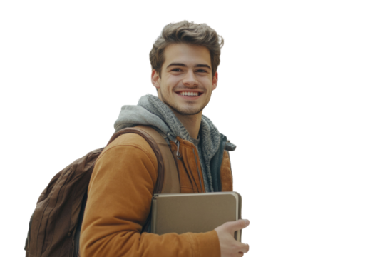Handsome young confident college student. Smiling male student with backpack and books walking on campus indoors. Young man ready for classes or studying. Confident and happy college student. PNG