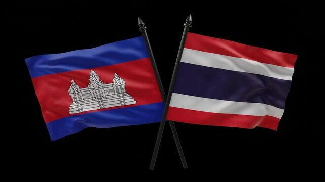 Cambodia and Thailand Flags Crossed on Black Background