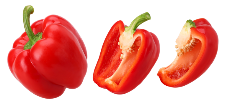red sweet bell pepper, half and slices isolated, transparent PNG, PNG format, Fresh red bell pepper, collection
