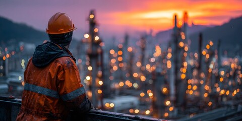 Rear view of an engineer in an orange hard hat, looking over a sprawling oil refinery at dusk. Warm, golden hour lighting creates a cinematic mood.