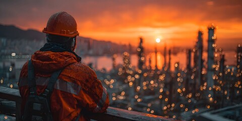 Rear view of an engineer in an orange hard hat, looking over a sprawling oil refinery at dusk. Warm, golden hour lighting creates a cinematic mood.