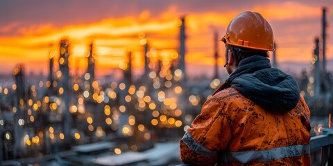 Rear view of an engineer in an orange hard hat, looking over a sprawling oil refinery at dusk. Warm, golden hour lighting creates a cinematic mood.