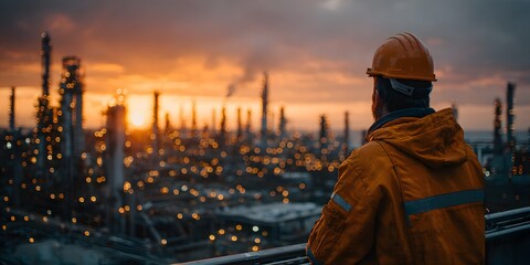 Rear view of an engineer in an orange hard hat, looking over a sprawling oil refinery at dusk. Warm, golden hour lighting creates a cinematic mood.