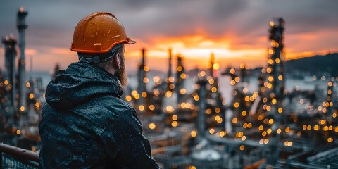 Rear view of an engineer in an orange hard hat, looking over a sprawling oil refinery at dusk. Warm, golden hour lighting creates a cinematic mood.