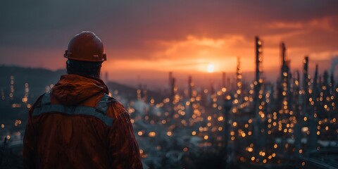 Rear view of an engineer in an orange hard hat, looking over a sprawling oil refinery at dusk. Warm, golden hour lighting creates a cinematic mood.