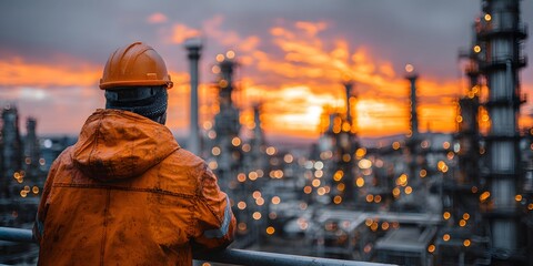 Rear view of an engineer in an orange hard hat, looking over a sprawling oil refinery at dusk. Warm, golden hour lighting creates a cinematic mood.