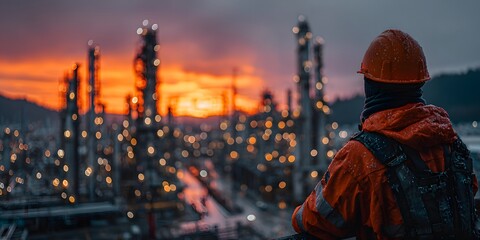Rear view of an engineer in an orange hard hat, looking over a sprawling oil refinery at dusk. Warm, golden hour lighting creates a cinematic mood.
