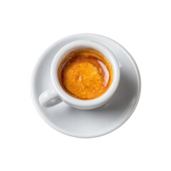 Naklejka premium A close-up view of a cup of espresso on a saucer, showcasing the rich crema on top, isolated on a white background.