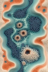 Abstract Cellular Morphology with Vibrant Teal and Coral Accents