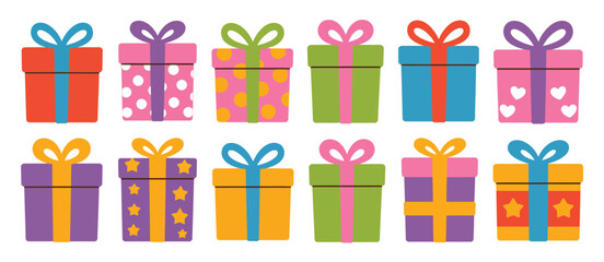 Twelve colorful cartoon gift boxes