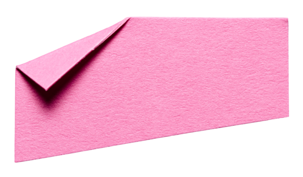 Pink isolated cut out blank paper note cardboard with folded corner dog-ear earmark and copy space for text, transparent png background design element