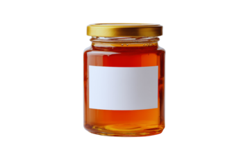 Amber honey in glass jar with gold lid and blank white label transparent background Isolated product shot