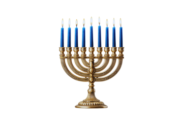 Lit Menorah with Nine Blue Candles Golden Brass Hanukkah Candlestick Transparent Background