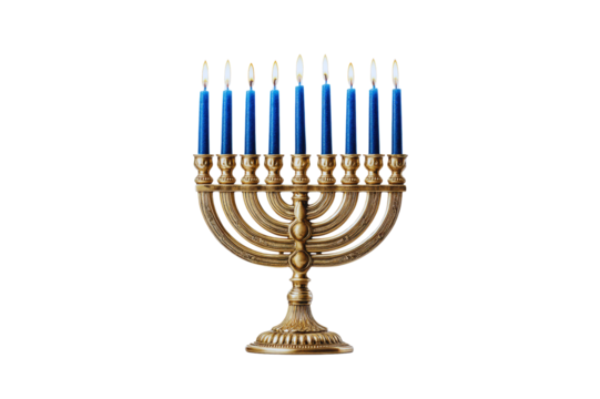 Lit Menorah with Nine Blue Candles Golden Brass Hanukkah Candlestick Transparent Background