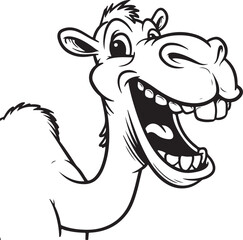 A black and white cartoon sketch of a camel grinning with big teeth cartoon, sketch, black and white, black outline