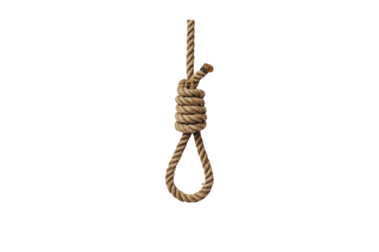 A Close up Image of a Hangman's Knot Tied in a Brown Hemp Rope against a Transparent Background