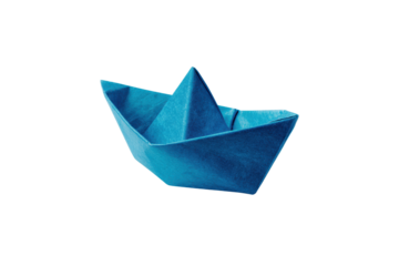 Blue paper origami boat isolated on transparent background A detailed close up shot of a folded paper vessel