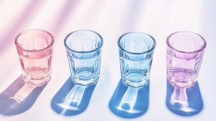 Four tinted shot glasses with colorful shadows.