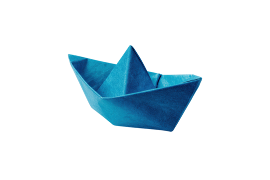 Blue paper origami boat isolated on transparent background A detailed close up shot of a folded paper vessel