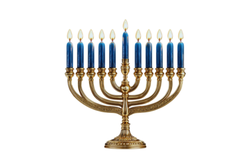 Ornate Gold Menorah with Nine Lit Blue Candles Transparent Background