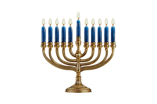 Ornate Gold Menorah with Nine Lit Blue Candles Transparent Background