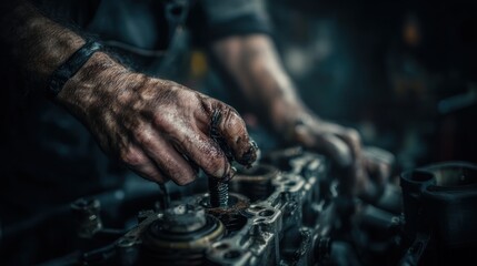 Mechanic hands engine