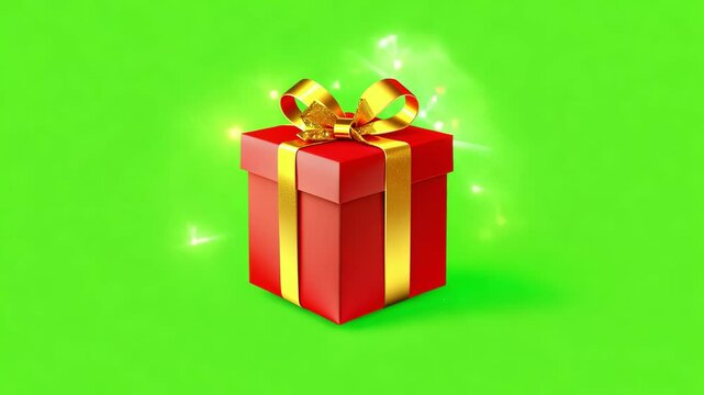 Red gift box with golden ribbon appearing on green screen background