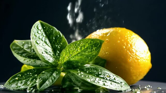 Dew kissed mint sprigs nestle beside freshly sliced lemon surfaces glistening under moody chiaroscuro lighting providing bar menus health drink adverts aromatherapy videos richly textured K study