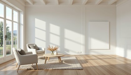 Fototapeta premium Bright White Lounge Interior Modern Home Minimalist Design Natural Light Cozy Atmosphere