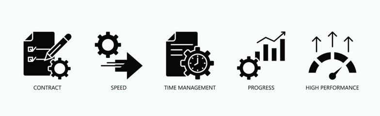 Mastering Efficiency Icon Set Isolated Vector With Icon Of Contract, Speed, Time Management, Progress, High Performance In Glyph Style