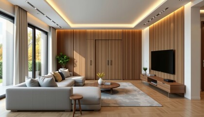 Fototapeta premium Minimalist Living Room Design Modern Home Interior Decor Bright Environment Aesthetic Viewpoint