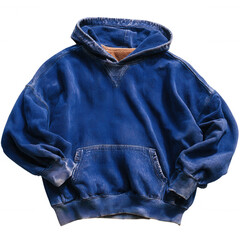 A vintage blue hoodie displayed on a white isolated background, showcasing its casual design and comfortable fabric, perfect for everyday wear and stylish layering.