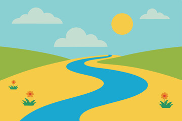 Obraz premium Serene Summer Landscape Winding River, Sunny Sky, and Rolling Hills