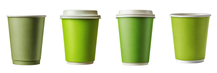 Green paper cup with lid mockup for coffee to go PNG set Transparent background