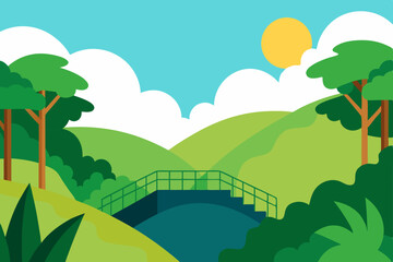 Fototapeta premium Serene Landscape Picturesque Bridge Over Rolling Hills and Lush Greenery