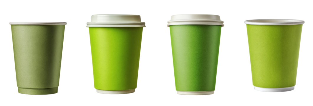 Green paper cup with lid mockup for coffee to go PNG set Transparent background