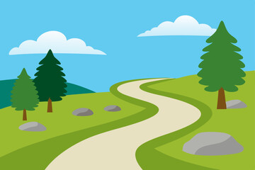 Obraz premium Winding Country Road Scenic Hillside Pathway with Evergreen Trees