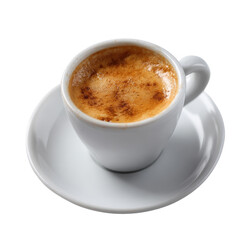 Close-up of a rich espresso coffee in a white cup, sitting on a matching saucer, showcasing its crema and inviting appearance. Perfect for coffee lovers and baristas.