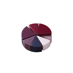 Colorful palette of lipsticks arranged in a circular formation on a white isolated background, showcasing diverse shades perfect for beauty and makeup themes.