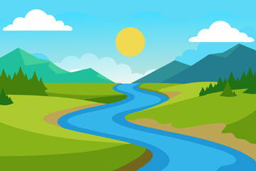 Obraz premium Serene River Landscape Picturesque Mountain Views and Lush Green Fields