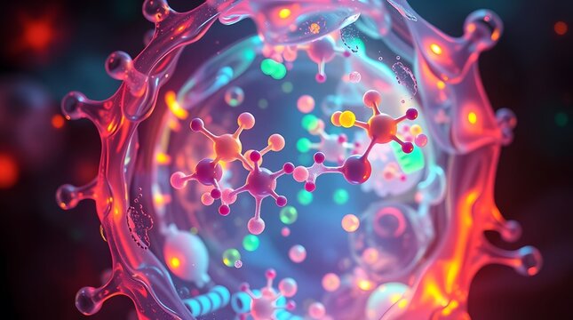 Abstract 3D rendering of colorful molecules and microscopic elements within a translucent, glowing biological or cellular environment