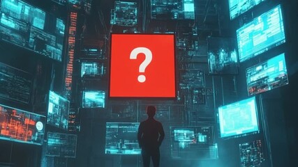 A silhouetted figure stands before a large red question mark in a futuristic digital landscape - Powered by Adobe