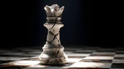 Broken chess queen piece on chessboard concept of strategy game and vulnerability