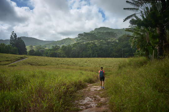 Beautiful European woman hiking in La Vallée de Ferney, Mauritius. Outdoor adventure in lush tropical forest with scenic mountain views. Active lifestyle and nature exploration.
