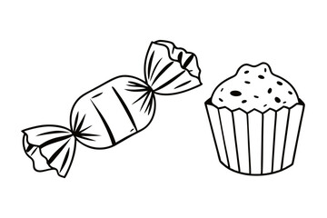 Minimal Dessert Illustration with Candy and Cupcake