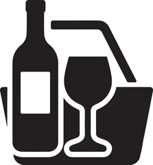 Silhouette vector of a wine picnic basket with bottle and glass, ideal for outdoor dining or vineyard scenes.