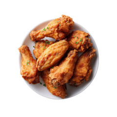 Deliciously crispy fried chicken wings served on a white plate, garnished with fresh herbs. Perfect for party platters or casual dining.