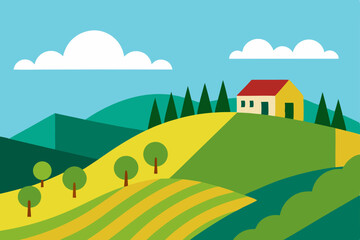 Obraz premium Cartoon summer rural landscape with houses and green trees under a blue sky with clouds