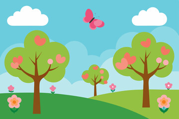 A vibrant cartoon apple tree with colorful flowers and birds stands in a sunny spring park landscape