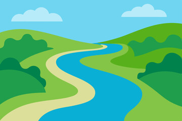 Obraz premium Vector landscape illustration of mountains with a road, river, and blue sky over green fields and meadows
